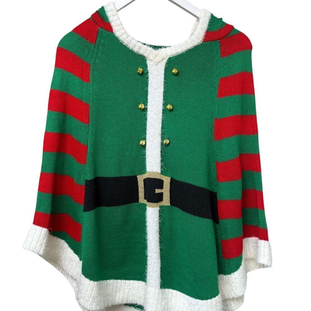 New Elf Ugly Christmas Sweater XS/S Poncho Cape Hood Elf Ears Party Holiday Top